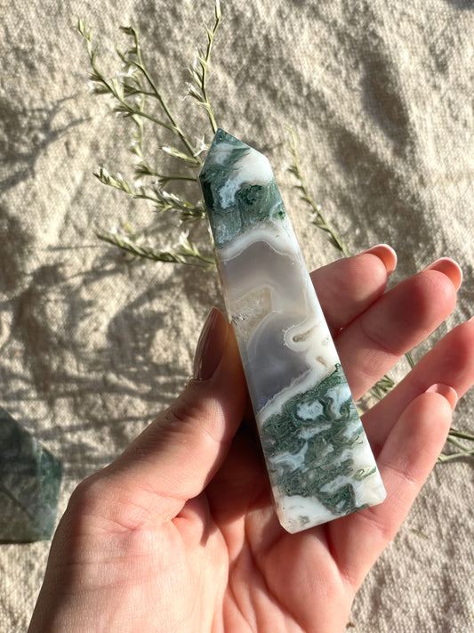 Moss Agate Crystal Tower